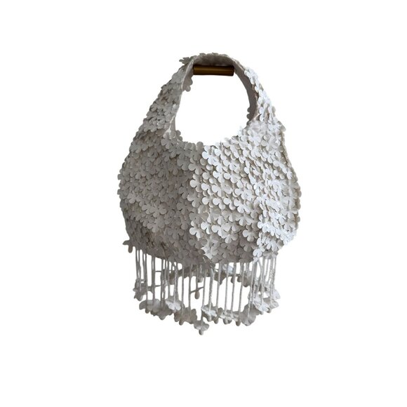 FLORAL White Appliqué Handbag With Beaded Fringe - Picture 6 of 8